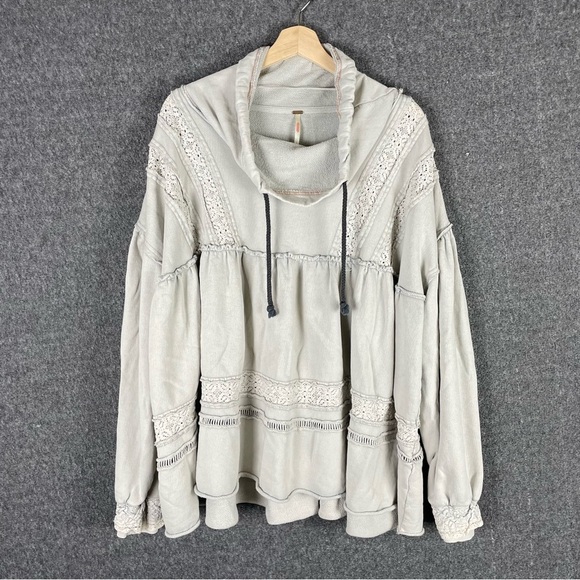 Free People Darling Pullover Gray Lace Detail Boho Cottage Feminine Oversized L - Picture 2 of 11